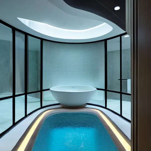 Image similar to curvilinear futuristic bathroom With swimming pool.