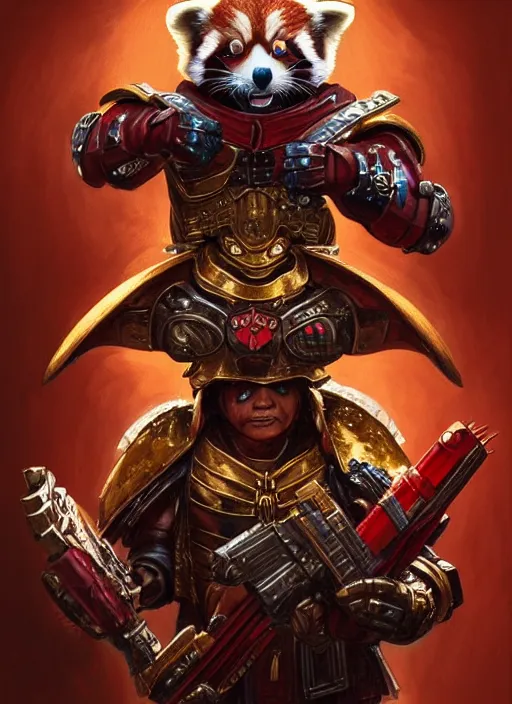 Image similar to red panda as warhammer 4 0 k!! emperor, gold, ruby gems, portrait, intricate, elegant, highly detailed, digital painting, artstation, concept art, wallpaper, smooth, sharp focus, illustration, art by h. r. giger and artgerm and greg rutkowski and alphonse mucha