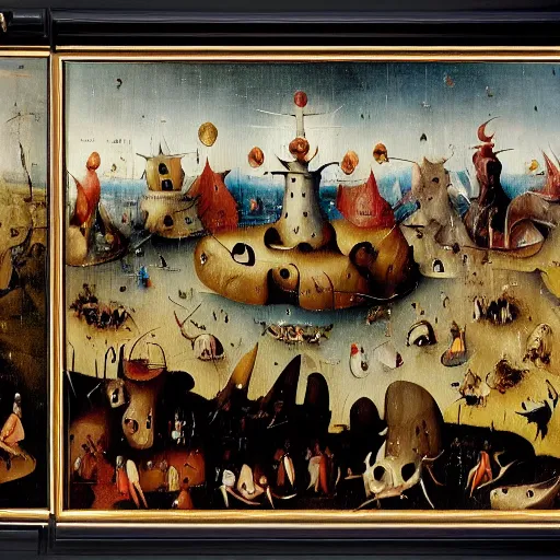 Prompt: a framed painting of a hieronymus bosch hellish landscape