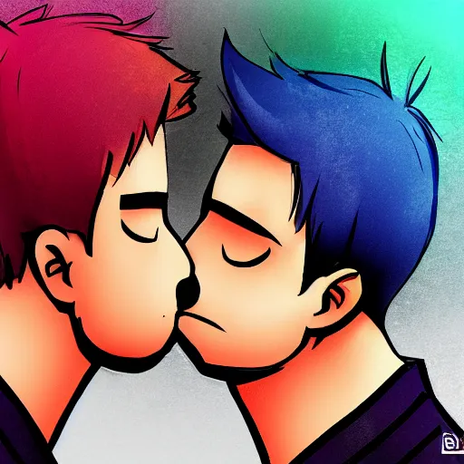 Image similar to 2 guys kissing each other one is slightly shorter than the other. digital art, trending on art station, anime.