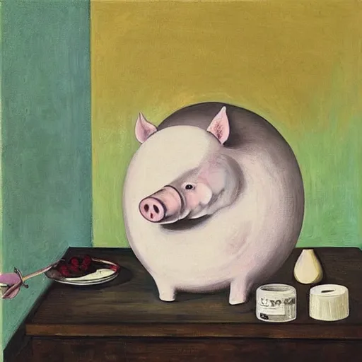 Image similar to “a portrait in an art student’s apartment, a feminine pig in a bubble bath, pork, ikebana white flowers, white wax, squashed berries, acrylic and spray paint and oilstick on canvas, by munch and Dali”