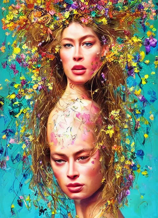 Prompt: beautiful painting of doutzen kroes, contemporary, colorful acrylic, airbrush painting, realistic portrait by kehinde wiley and archan nair [ hyperrealism ]!!!!!!!