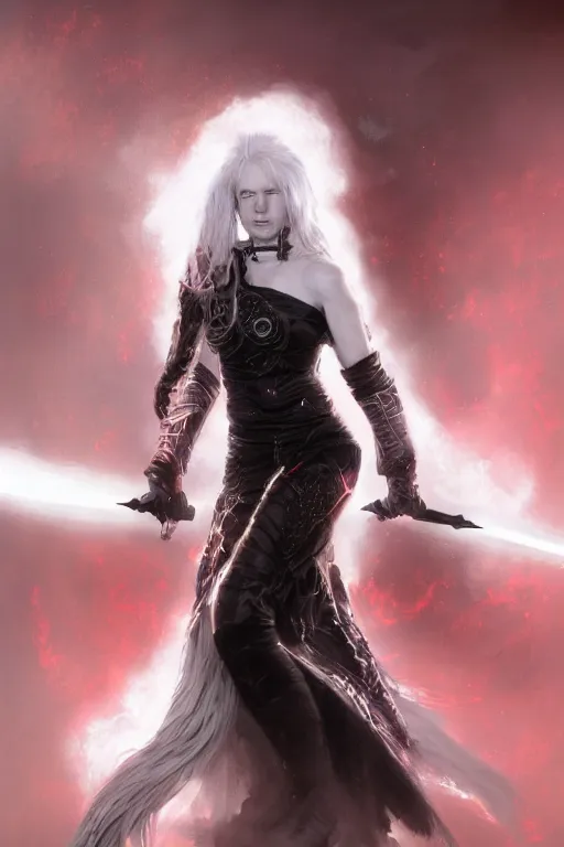 Image similar to 4k HD digital full body portrait of Elric of Melibourne, long white hair, black paper, Long black sword with red glowing runes, by Bastien Deharme, Craig Mullins, Marc Simonetti, trending on Artstation