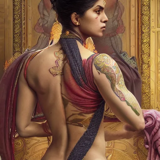 Prompt: portrait painting of a muscular bloodied indian woman lower back, tattooed, wearing sari, ultra realistic, concept art, intricate details, eerie, highly detailed, photorealistic, octane render, 8 k, unreal engine. art by artgerm and greg rutkowski and alphonse mucha