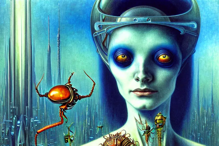 Image similar to realistic extremely detailed portrait closeup painting of a ghost woman with a beetle, futuristic sci-fi city on background by Jean Delville, Amano, Yves Tanguy, Alphonse Mucha, Ernst Haeckel, Edward Robert Hughes, Roger Dean, rich moody colours, blue eyes