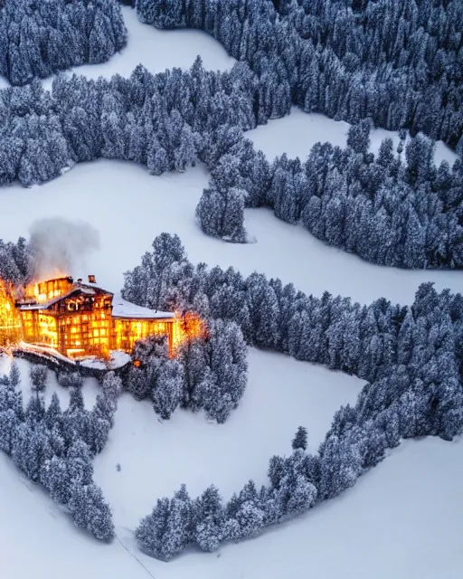 Image similar to mansion in the snowy alps set on fire, zoomed out, shot from drone, iphone capture, fire