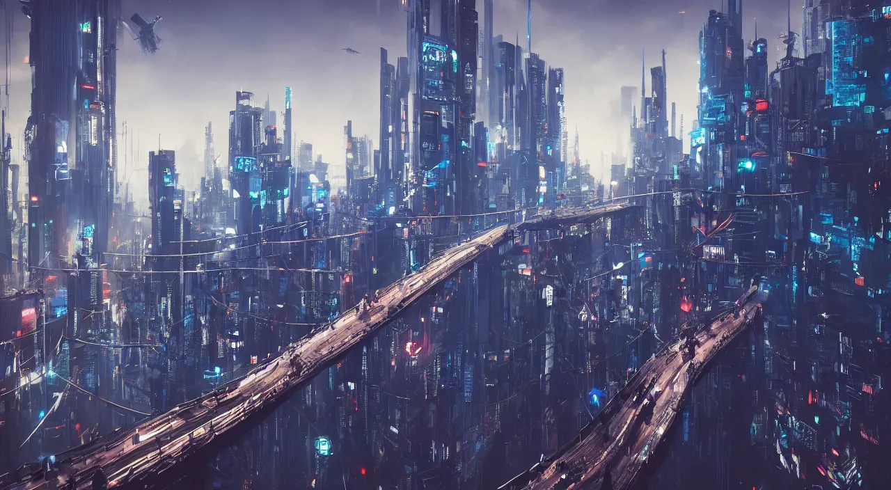 Prompt: a man standing on top of a bridge over a city, cyberpunk art by Vincent Lefevre, behance contest winner, artstation, altermodern, cityscape, synthwave, matte painting, octane render, unreal engine