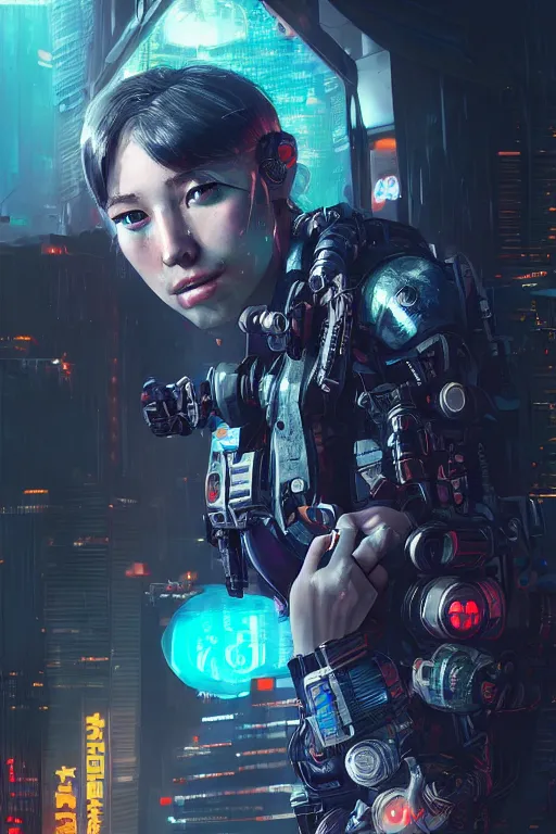 Prompt: beautiful portrait of a cyborg mercenary girl, art by wlop, liam wong, head and shoulders, cyberpunk, neon, intricate details, trending on artstation, sharp focus, caustics, octane render, radiant light, 4 k