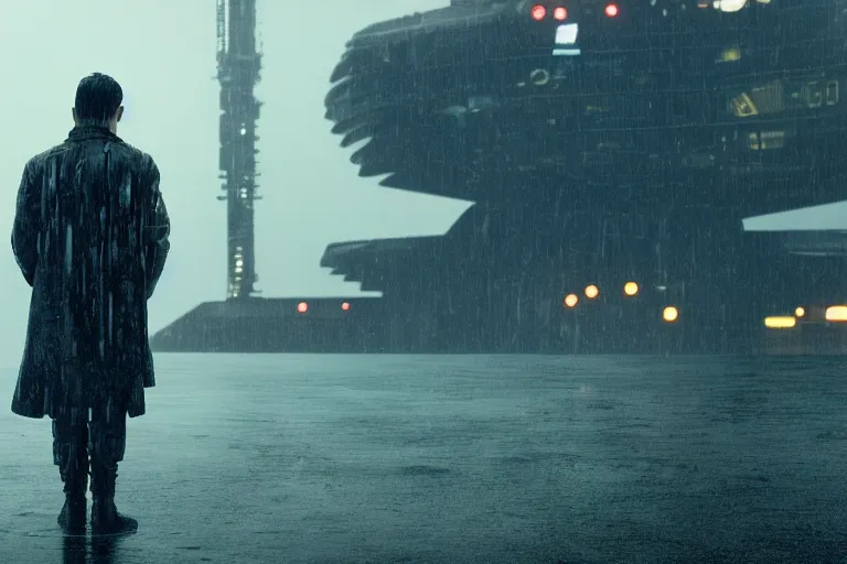Image similar to a still from bladerunner 2 0 4 9 depicting a long shot photograph of a handsome asian man wearing wet weather gear. he stares intently into the camera with a worried expression. behind him is a futuristic oil rig in the deep ocean. sci fi, futuristic, cinematic, low light, soft focus.