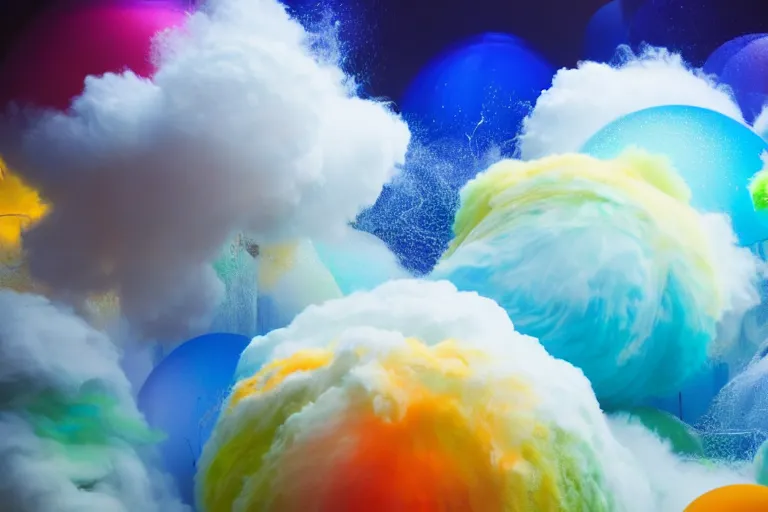 Prompt: a flock of many puffy white sphere - shaped clouds tangled into large whirling streams of colored glass, abstract environment, playful, award winning art, epic dreamlike fantasy landscape, ultra realistic,