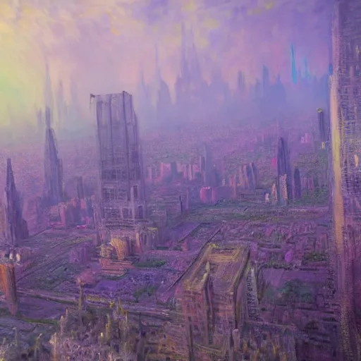Prompt: a beautiful hyper realistic matte concept art painting of a city made out of amethyst crystal, super colorful, on a cloudy day, by monet and thomas kindade, howard knotts, moebius, and raphael lacoste, featured on artstation, featured on behance, unreal engine, cgsociety, 3 d render, landscape photography, wide angles, f 1 6