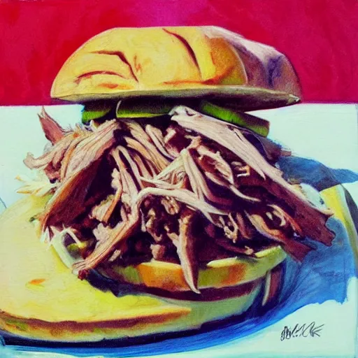 Prompt: pulled pork sandwich, artwork of time okamura