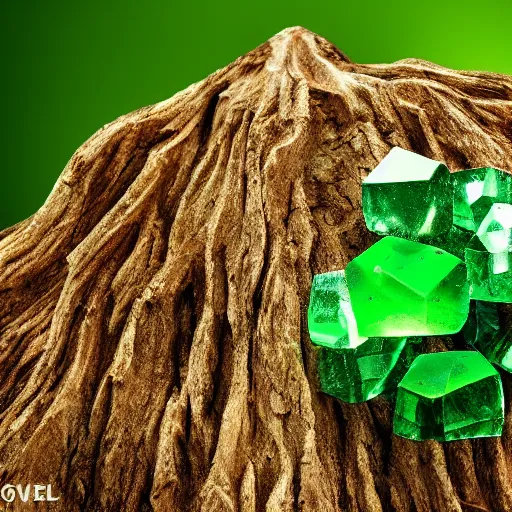 Image similar to green crystals growing out of a tree, complex form, 40nm, shallow depth of field, split lighting, 4k,