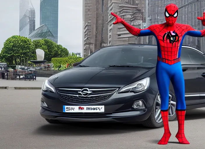 Image similar to spiderman stand next to opel sedan