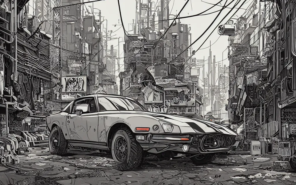 Image similar to very detailed, prophet graphic novel, ilya kuvshinov, mcbess, rutkowski, simon roy, illustration of a cyberpunk industrial alley with a muscle car, colorful, cinematic composition, studio lighting