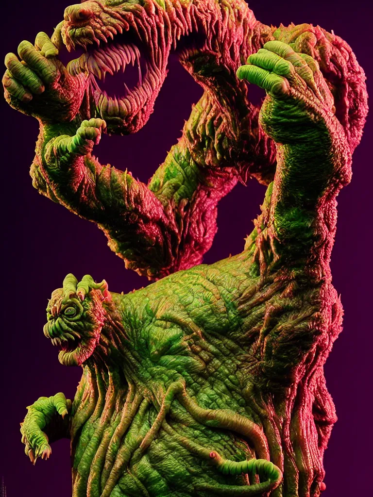 Prompt: hyperrealistic rendering, fat cronenberg flesh monster smooth kaiju by art of skinner and richard corben and jeff easley, product photography, action figure, sofubi, studio lighting, colored gels, rimlight, backlight