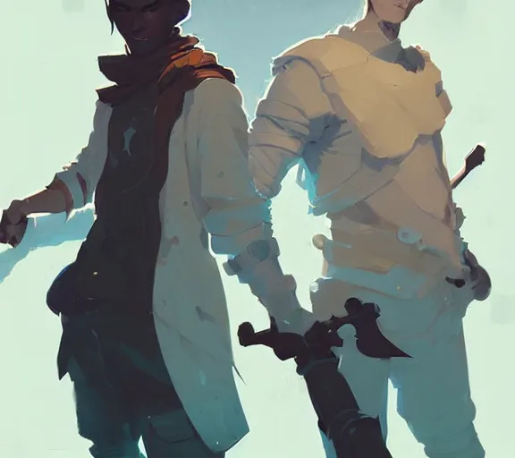 Image similar to portrait jayce and viktor, arcane, by atey ghailan, by greg rutkowski, by greg tocchini, by james gilleard, by joe fenton, by kaethe butcher, dynamic lighting, gradient light blue, brown, blonde cream and white color scheme, grunge aesthetic