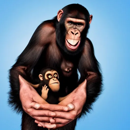 Image similar to a family of apes riding on the back of a giant human hand in front of a white background