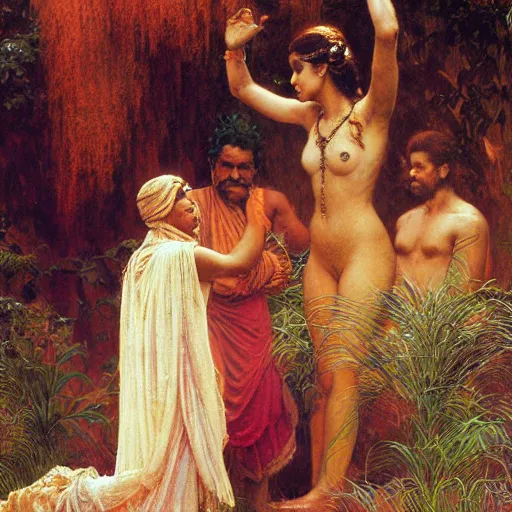 Image similar to 8 0 s srilankan old cunning man worshipping woman as false prophet prophet, painting by gaston bussiere, craig mullins, j. c. leyendecker, lights, art by ernst haeckel, john william godward, hammershøi,,