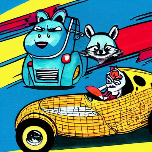 Image similar to funny, comic book style, racoon riding in a tiny hot rod coupe with oversized engine, ratfink style by ed roth, centered award winning watercolor pen illustration, by chihiro iwasaki, edited by range murata