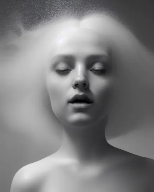 Image similar to soft, delicate, dreamy, subsurface scattering, white, young beautiful goddess in cosmos with very long white hair floating in air, fluid smoke art, black and white, octane render, dino valls, mark ryden, joe fenton, michal karcz, highly detailed, rim light, art, cinematic lighting, very coherent, hyper realism, 8 k