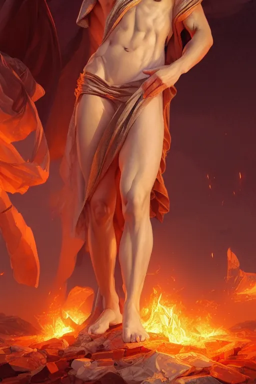 Image similar to full body portrait of beautiful greek god, standing amidst a blazing city, tattered robes, by terry o'neill intricate, elegant, highly detailed, digital painting, glistening skin, artstation, concept art, smooth, sharp focus, bright lighting, illustration, art by artgerm and greg rutkowski and alphonse mucha, 8 k