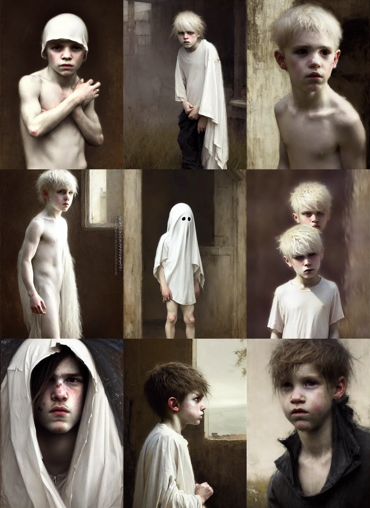 Prompt: a ghost boy with white!!!!!! hair quietly watching the living continue their lives. waterhouse. geoffroy thoorens.