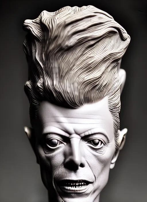 Image similar to David Bowie , A Close up photo-real delicate ceramic porcelain sculpture of a symmetrical ornate detailed in front of an intricate background by Victo Ngai and takato yamamoto, micro detail, backlit lighting, face in focus, subsurface scattering, translucent, thin porcelain, octane renderer, colorful, physically based rendering, japanese pottery, trending on cgsociety