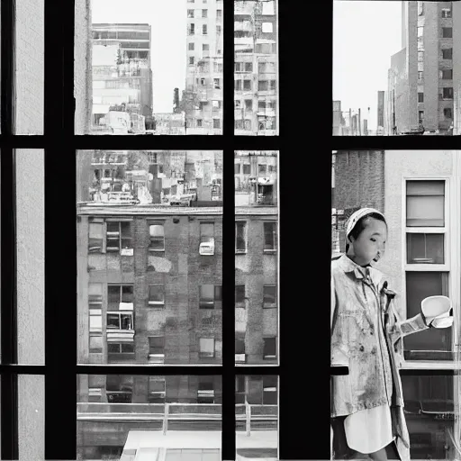 Image similar to “ a girl holding a cup of coffee looking out a window overlooking the east village in new york city, morning light, by hayao miyazaki ”