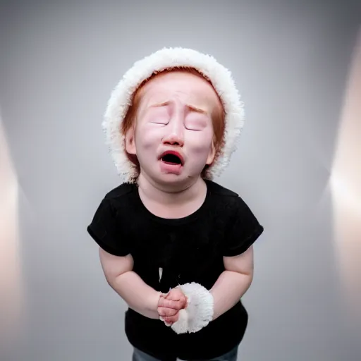 Image similar to Cute Little Marshmallow Crying, movie shot, studio shot, studio lighting, 8k