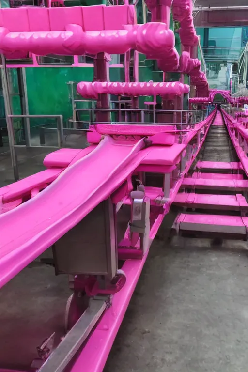 Image similar to conveyor belt transporting pink potion bottles