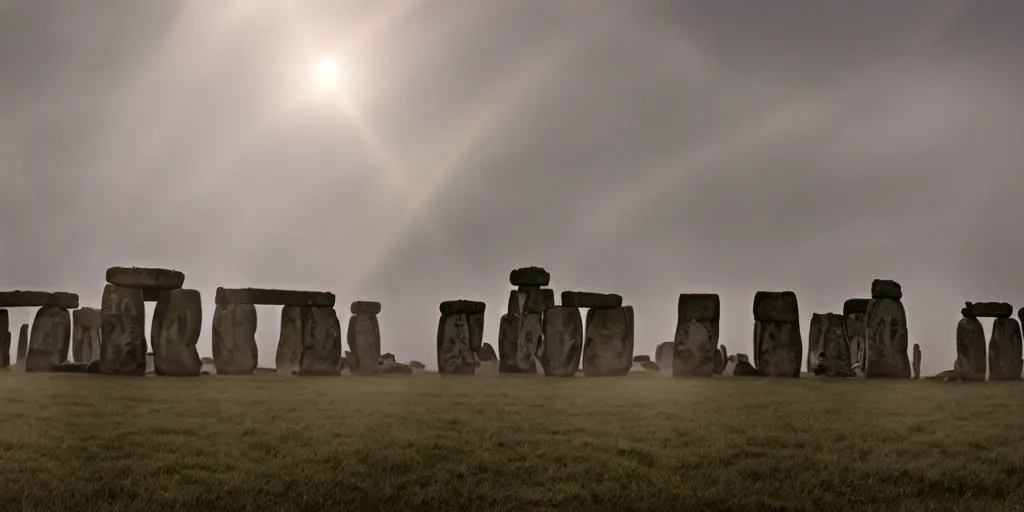 Prompt: glowing stonehenge pieces scattered flying high in the air, wrapped in swirling fog, dust particles, chaotic, dynamic, dusk, concept art