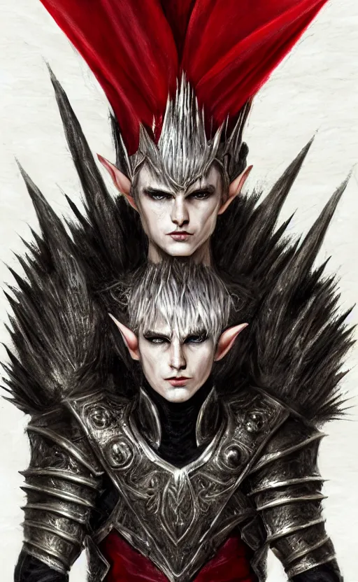 Image similar to A portrait of a male elf, 20 years old, short silver hair, red eyes, wearing a spiked black metal crown, wearing black heavy armor with gold trim, wearing a red cape, lean but muscular, attractive, command presence, royalty, weathered face, smooth, sharp focus, illustration, concept art, highly detailed portrait, muscle definition, fantasy painting, ArtStation, ArtStation HQ