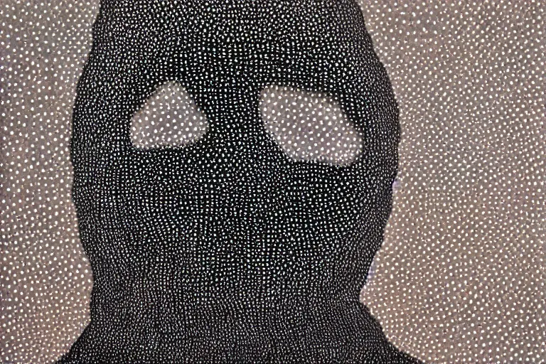 Image similar to face made out of mist, faceless people dark, dots, drip, stipple, pointillism, technical, abstract, minimal, style of francis bacon, asymmetry, pulled apart, cloak, hooded figure, made of dots, abstract, balaclava