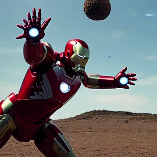 Image similar to an film still of ironman stopping giant rusty ball hit the earth, using both hands, cinematic, heroic scene