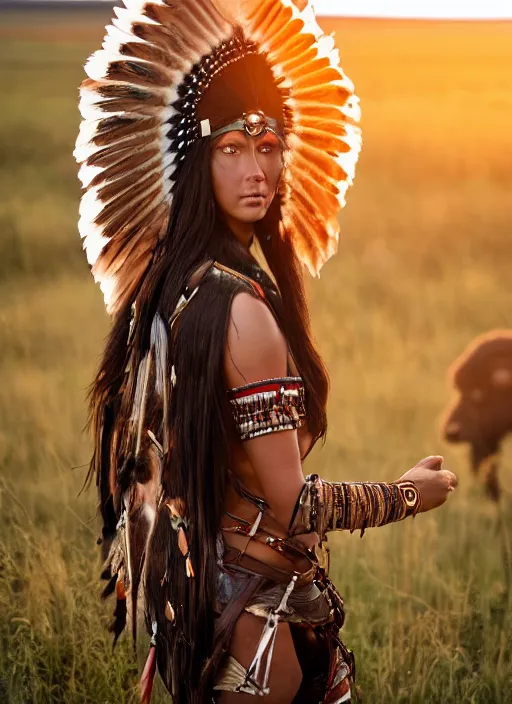 Prompt: hyper detailed realistic photo of an American Indian warrior princess wearing a headdress, in a field with a bison at sunset, long black hair, hd, 8k, muted colors,award winning photography