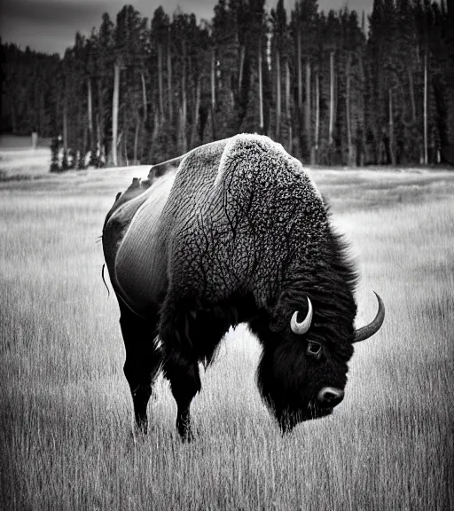 Image similar to Award winning Editorial photo of an american bison in yellowstone by Edward Sherriff Curtis and Lee Jeffries, 85mm ND 5, perfect lighting, gelatin silver process