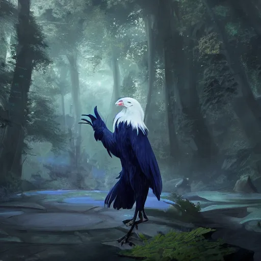 Image similar to concept art painting of an anthropomorphic albino raven wearing dark blue robes, in the deep forest, realistic, detailed, cel shaded, in the style of makoto shinkai and greg rutkowski and james gurney