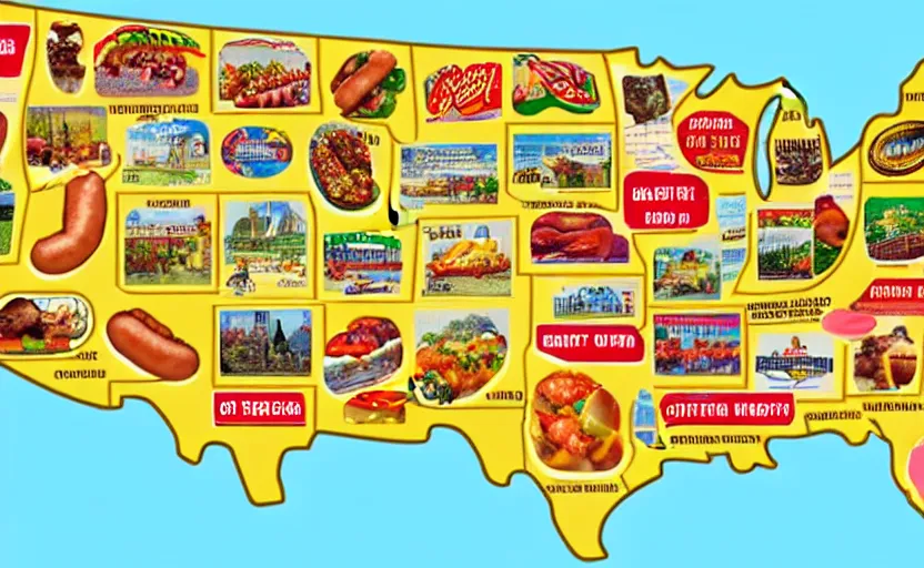 Image similar to hot dogs across america map, detailed, map key, tourist map, brochure