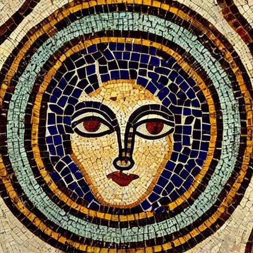 Prompt: medium shot Mosaic of an stylised almond shaped eye, from Italica, AD 176-275. Archaeological Museum, Seville. Byzantine mosaics, highly detailed, HQ, HD, National Geographic,