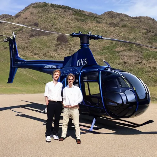 Image similar to blonde swedish guy and tall korean guy in front or robinson r 4 4 helicopter