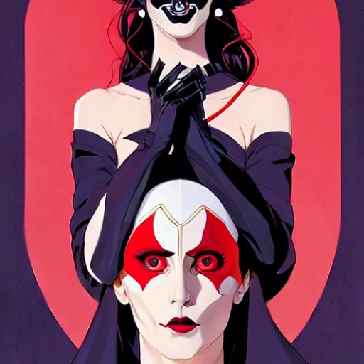 Image similar to Joshua Middleton comic art, wide shot, stunning elegant female Eva Green, kabuki mask, beautiful evil sneer, symmetrical face, symmetrical eyes, leather clothing and boots, long straight red hair, full body, Indigo occult pattern