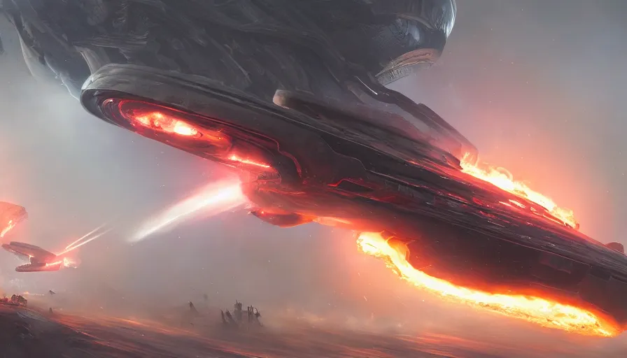 Image similar to Alien spaceship on fire about to crashing on Earth during a battle, hyperdetailed, artstation, cgsociety, 8k