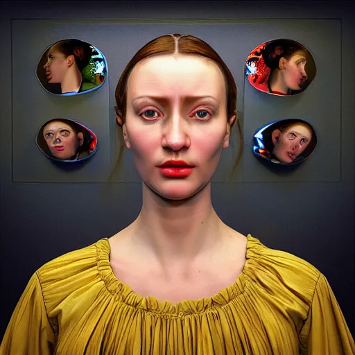 Prompt: hyperrealism photography in caravaggio style quntum computer simulation visualisation of parallel universe sitcom scene with beautiful detailed ukrainian woman with detailed face wearing ukrainian traditional shirt and wearing retrofuturistic sci - fi neural interface designed by josan gonzalez. hyperrealism photo on pentax 6 7, by giorgio de chirico volumetric natural light rendered in blender