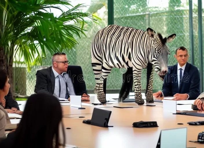 Image similar to photo of a zoo animals attending a management board meeting. Highly detailed 8k. Intricate. Sony a7r iv 55mm. Stock photo.