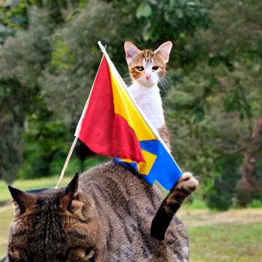 Prompt: a small cat warrior with his national flag riding a large cat steed