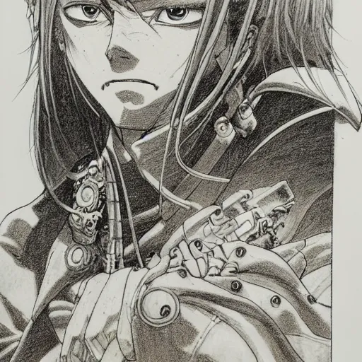 Prompt: prompt: portrait drawn by Katsuhiro Otomo, inspired by Lord of The Rings characters, magical and alchemical objects on the side, soft light, white background, intricate detail, intricate ink painting detail, sharp high detail, manga and anime 2000