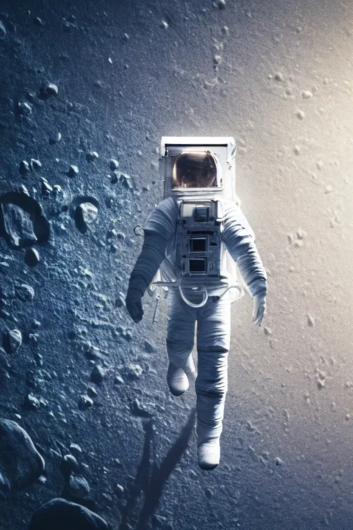 Image similar to a bottom view of a walking astronaut, photography, out - space background, cinematic lighting, 8 k