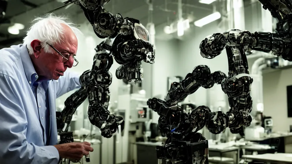 Image similar to bernie sanders putting the finishing touches on a cute clockwork doomsday robot, cinematic moody lighting, sharp focus, dirty laboratory, imax