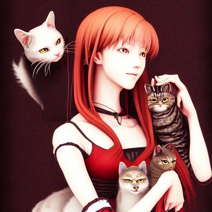 Image similar to renaissance portrait of the secretive vampire girl loner smiling at her cat, by katsuhiro otomo, yoshitaka amano, and artgerm rendered with 3 d effect.